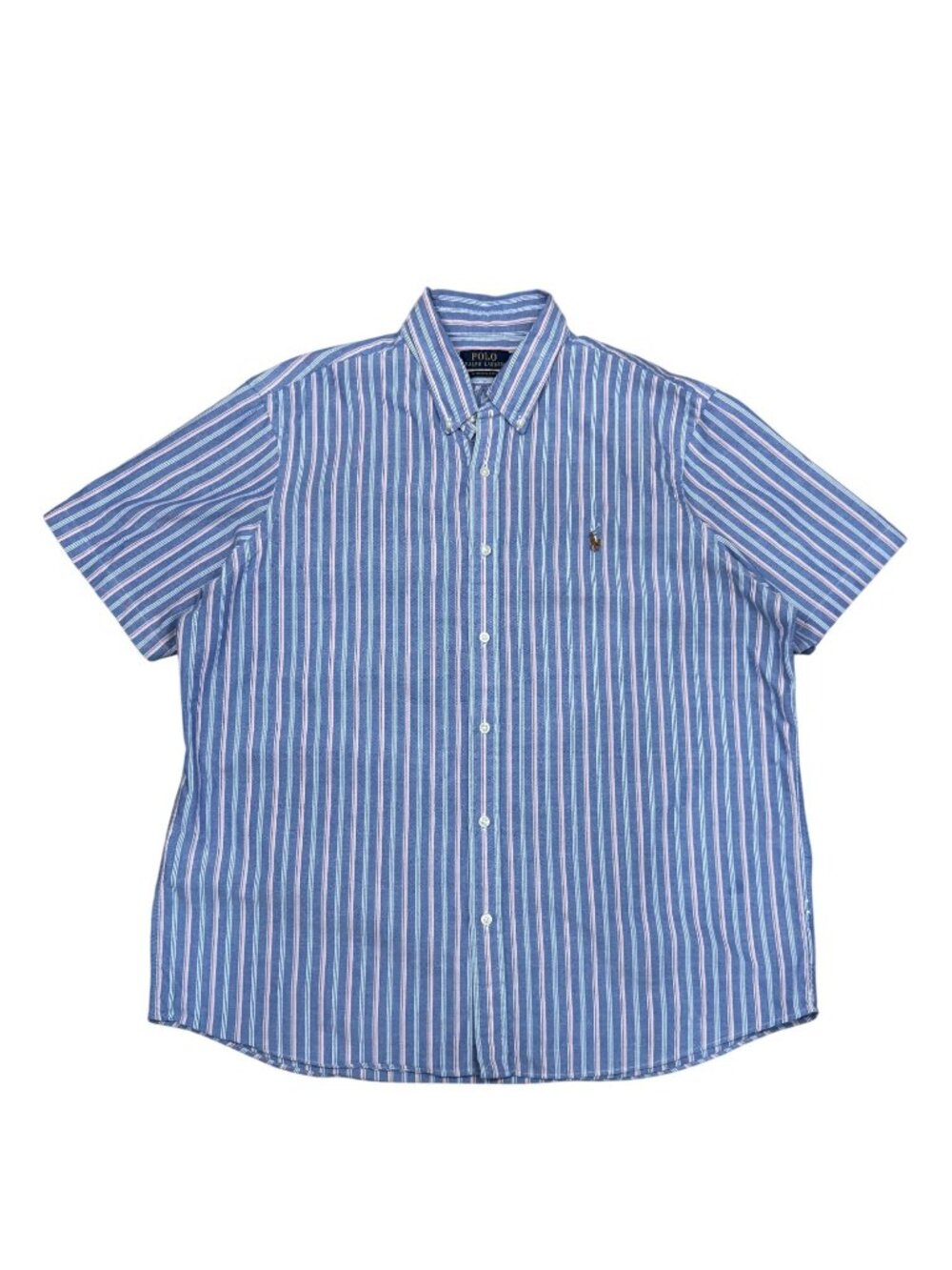 Polo Ralph Lauren Mens XL Untucked Fit Blue Pink Stripe Button-Down Short Sleeve